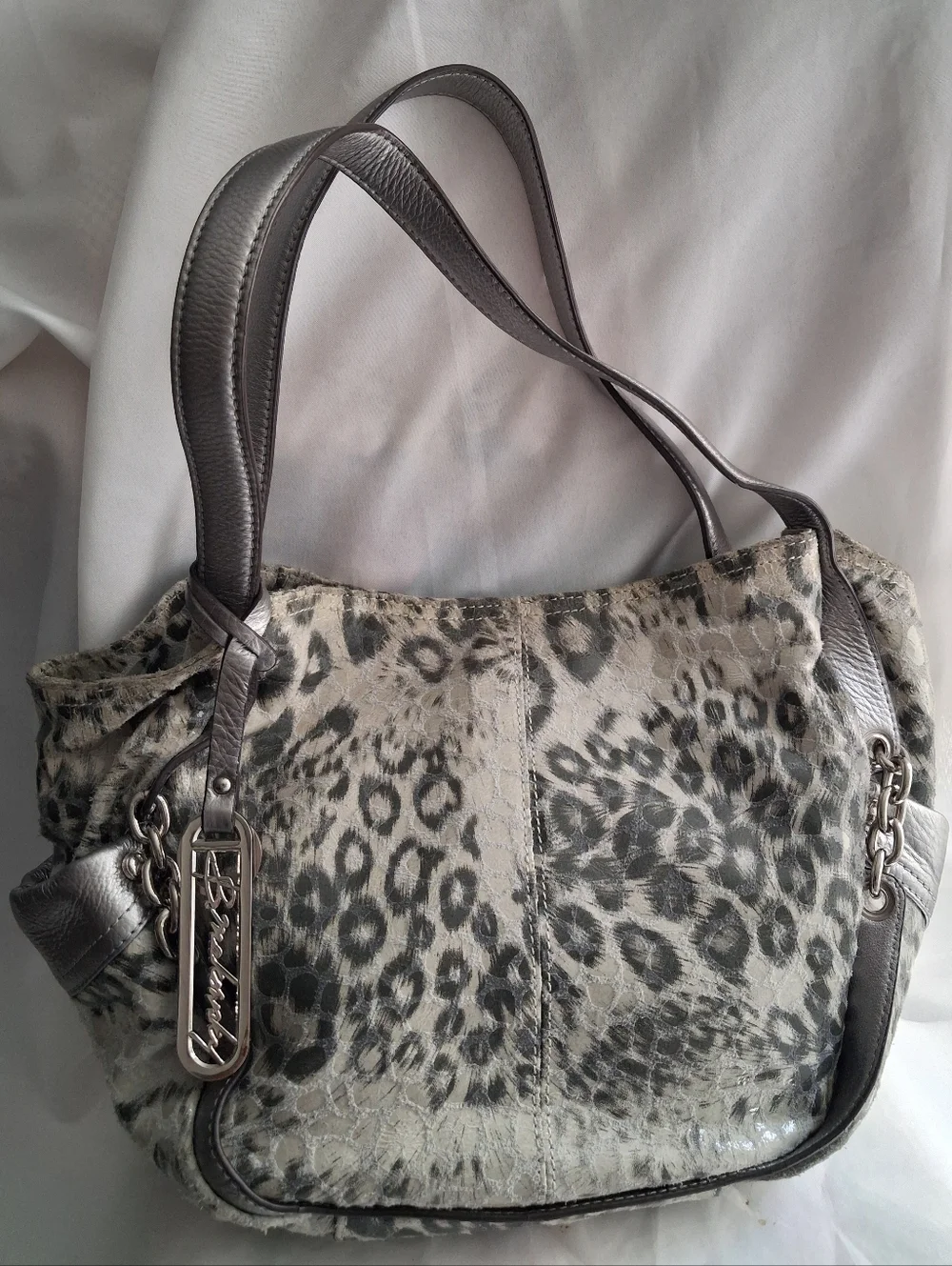 B. Makowsky Gray Animal Print Metallic Shoulder Bag with Leather Straps